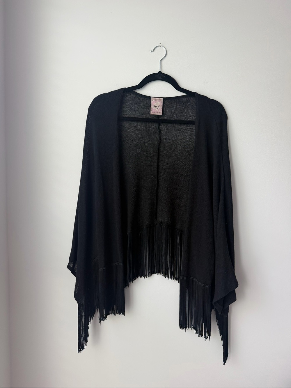 Robin K Black Fringe Open-Front Poncho Cardigan